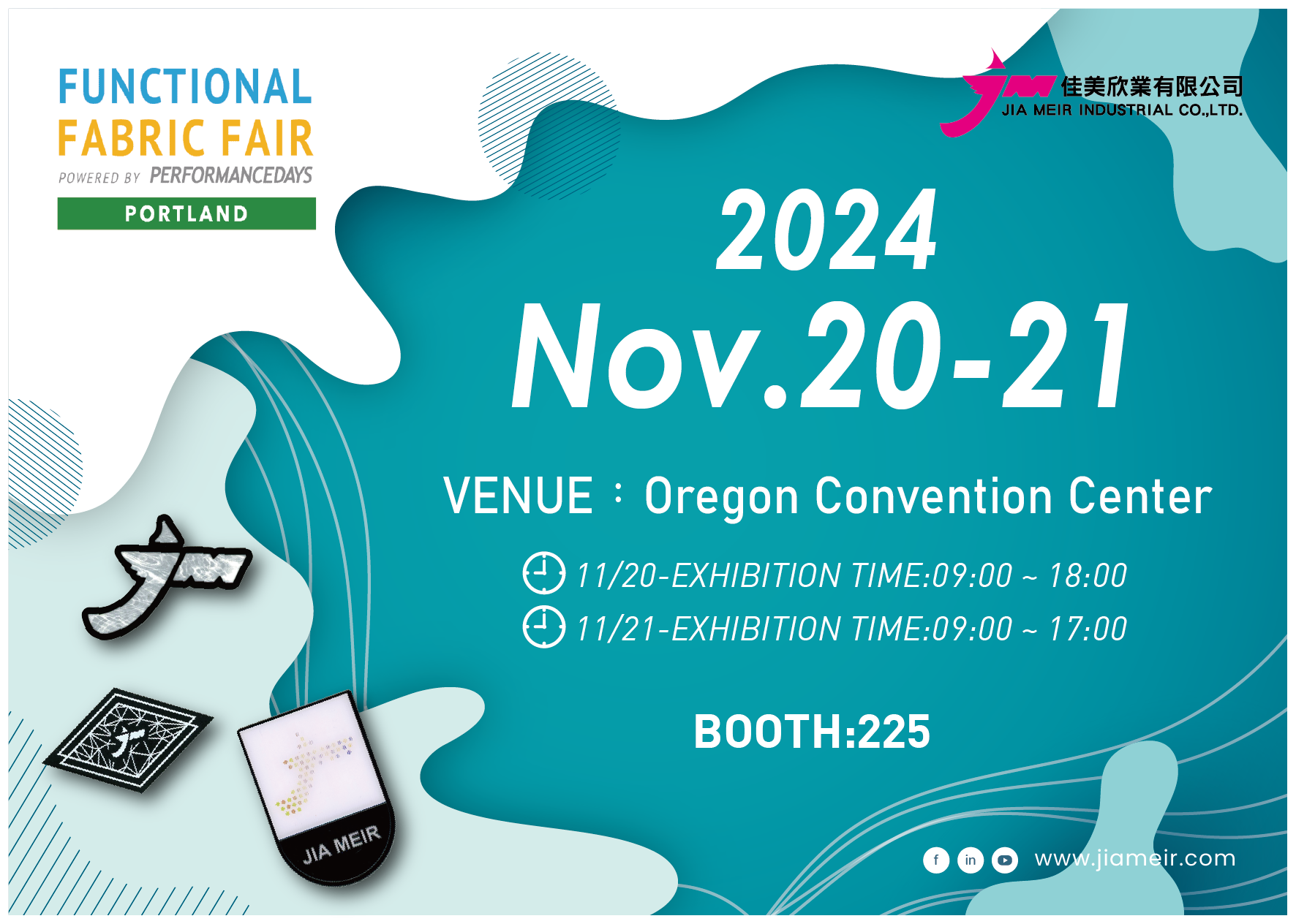  2024 Functional Fabric Fair (Nov.20-21) booth # 225